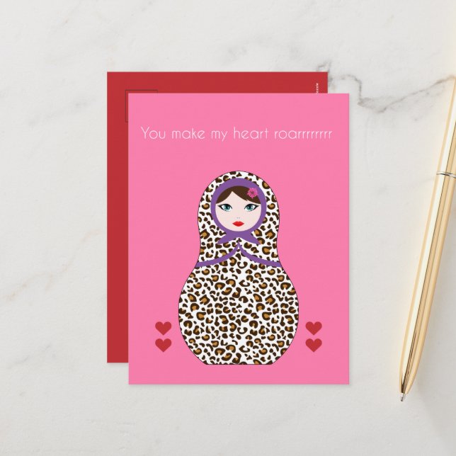 Carte des valentines Cheetah Matryoshka (Devant/Arrière en situation)