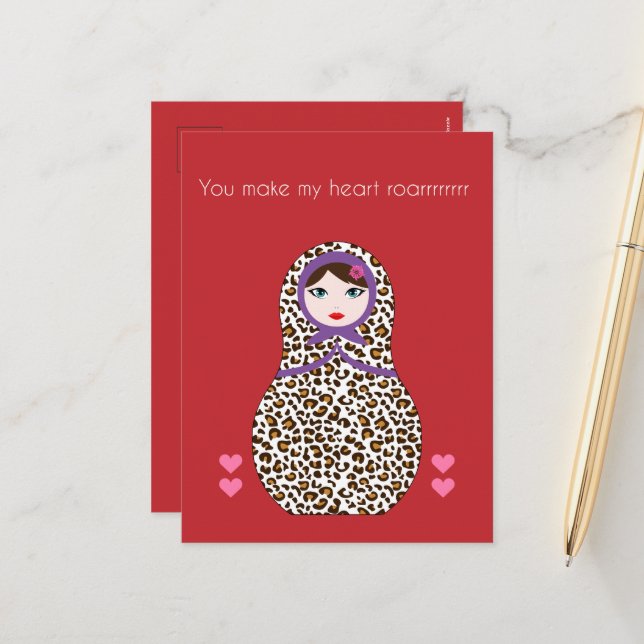 Carte des valentines Cheetah Matryoshka (Devant/Arrière en situation)