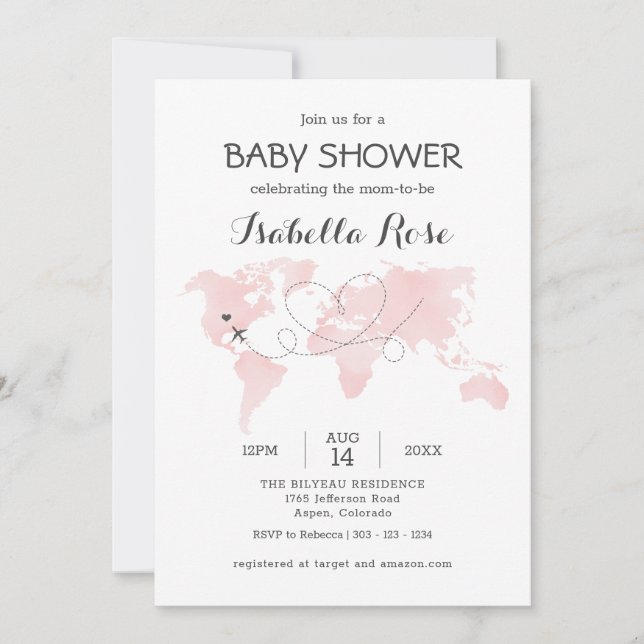 Carte des villes Voyage aventure Baby shower rose  (Devant)