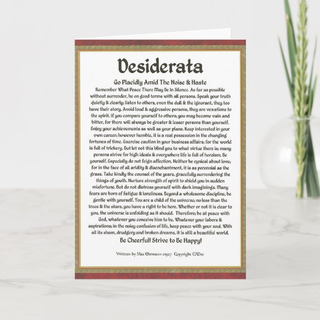 Carte DESIDERATA Poème Max Ehrmann Calligraphie médiéval (Devant)