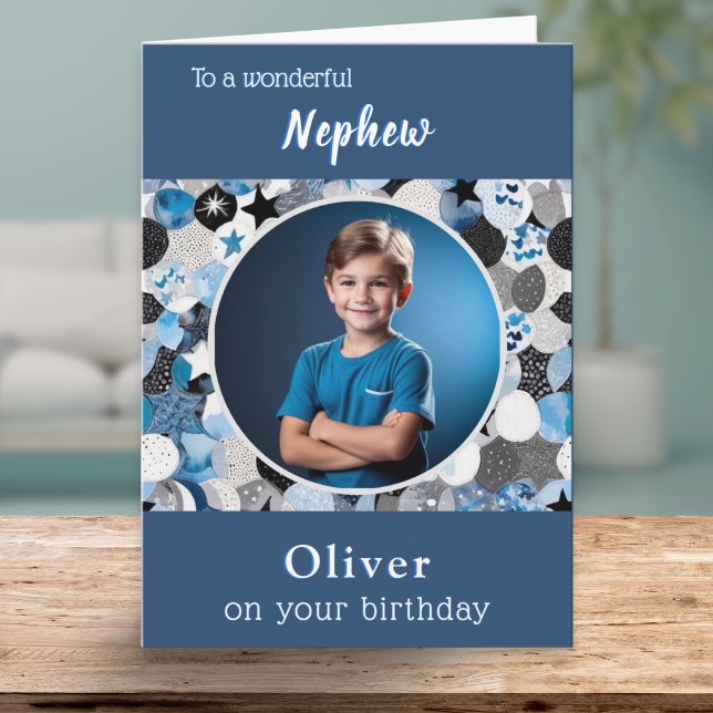 Carte Design moderne tendance 1 photo Nephew Anniversair (A birthday card for a nephew, with personalized name and custom photo)