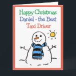 Carte Design Snowman Happy Christmas Taxi Driver<br><div class="desc">Joyeux Noël à un chauffeur de taxi. Drôle dessin d'un bonhomme de neige au soleil d'hiver. Ajoutez un message de l'expéditeur.</div>
