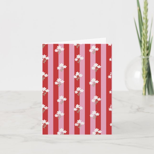 Carte dessin à rayures rouges et roses avec fleurs blanc (Devant)