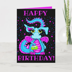 Carte Dessin animé de dragon bleu mignon Anniversaire pe