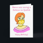 Carte Dessin animé : Face Mask Lipstick Birthday<br><div class="desc">Funny cartoon of a woman wearing a face mask Texte read 'NAME was saving a fortune on lipstick' and Happy Birthday' and inside the card says 'Enjoy your special day day'. Easily edit of the text boxes to personal ise this card or the message or remove Happy Birthday. The woman...</div>