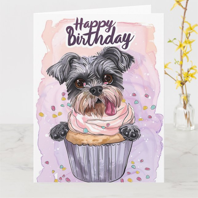 Carte Dessin animé Schnauzer Cupcake Pattes (Fleur jaune)