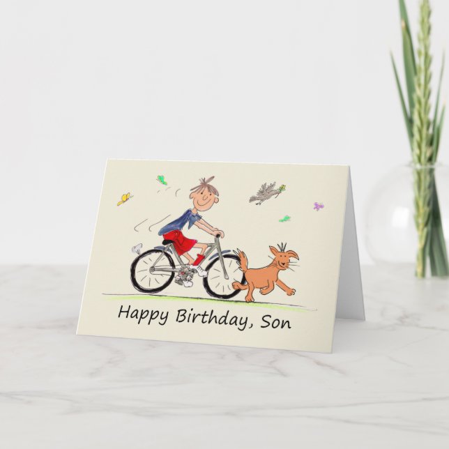 Carte Dessin d'anniversaire d'un garçon à vélo d'équitat (Devant)