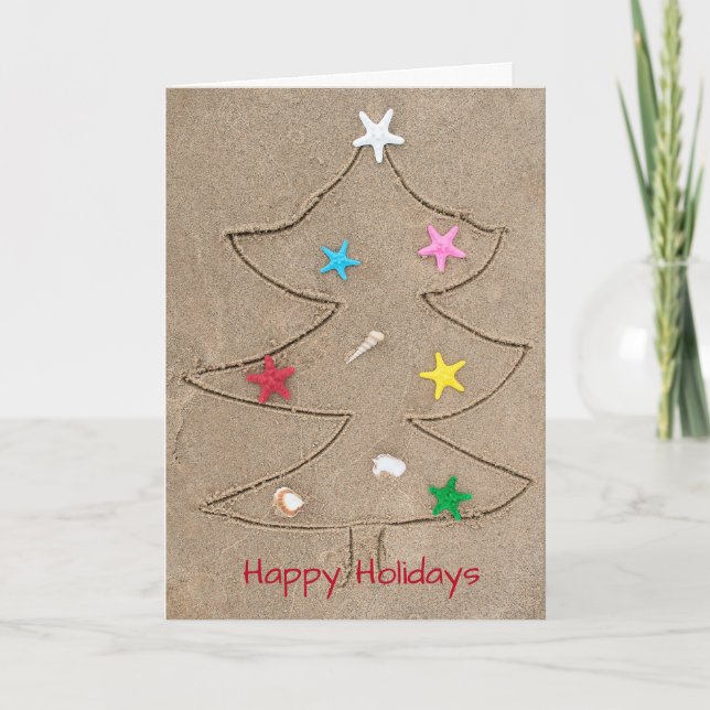 Carte Dessin d'arbre de Noël dans le sable de la plage (Devant)