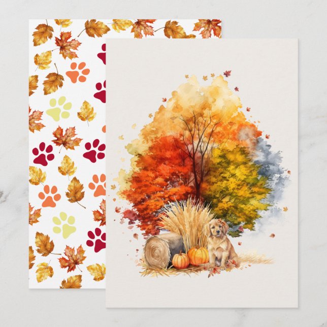 Carte Dessin de chien automnal à l'aquarelle - Golden Re (Devant / Derrière)