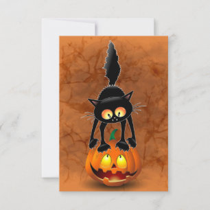 Carte Dessin d'Halloween au chat effrayé sur Citrouille