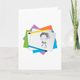Carte Dessin esquisse de fille joueuse avec crayons colo