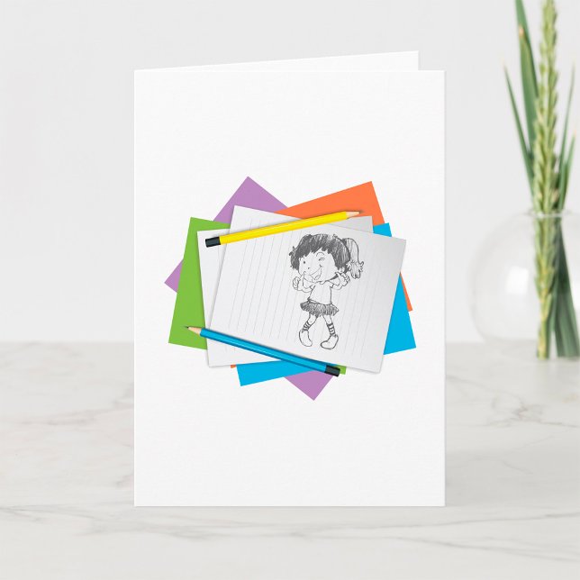 Carte Dessin esquisse de fille joueuse avec crayons colo (Créateur téléchargé)