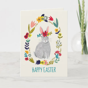 Carte Dessin floral gris lapin de Pâques