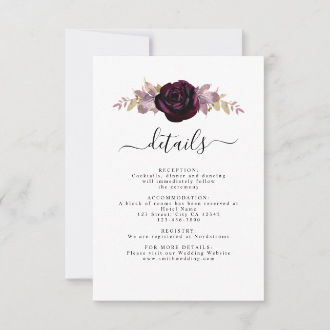 Carte Détail du Mariage floral Plum & Mauve Fall (Devant)
