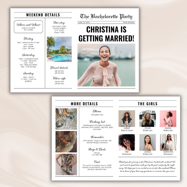 Carte Détails du journal Bachelorette Heekend Itinéraire (newspaper bachelorette party invitation details weekend itinerary destination bach party)