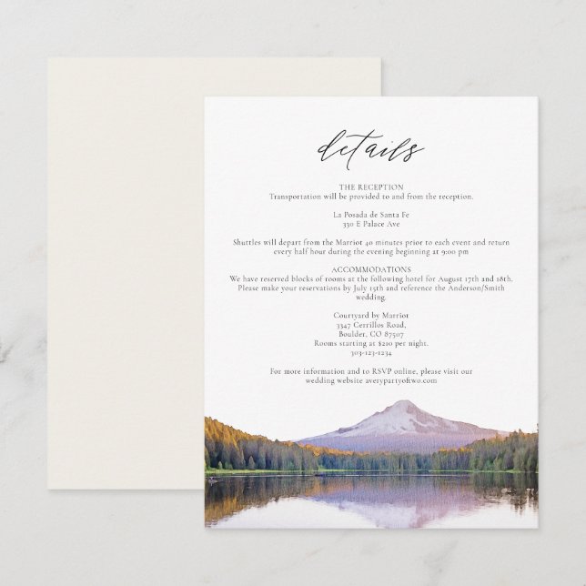 Carte Détails du Mariage d'aquarelle MOUNT HOOD (Devant / Derrière)