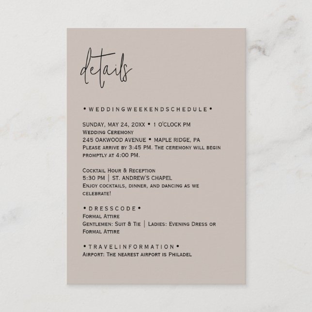 Carte Détails du Mariage modifiable couleur (Devant)