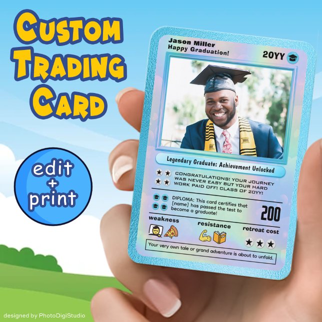 Carte d'études supérieures personnalisée Carte d'é (Personalized Graduation Card, Editable Graduate Trading Card Template and Print, Custom Cartoon Card)