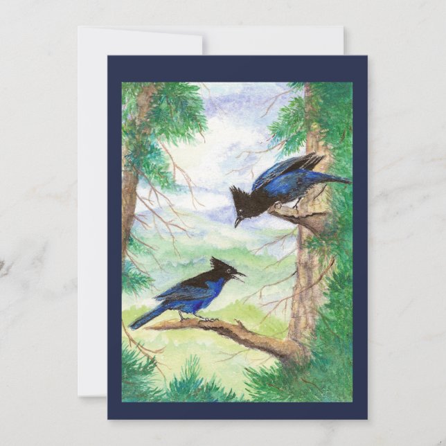Carte Deux Aquarelles Stellar Jay Birds Forêts Arbres (Devant)