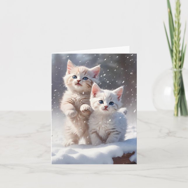 Carte Deux Chatons Yeux Bleus Jouer Snow Blank Salutatio (Devant)