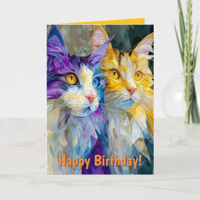 Carte Deux chats violets et jaunes (Devant)