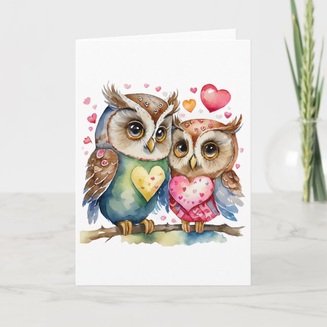 Carte Deux chouettes joyeuses en amour BLANC (Devant)
