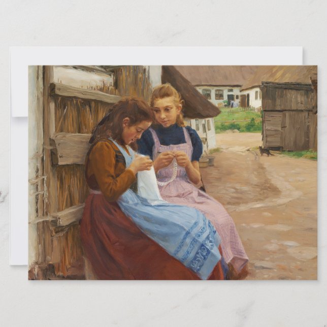 Carte Deux Filles avec Needlework assis dans une ferme (Devant)