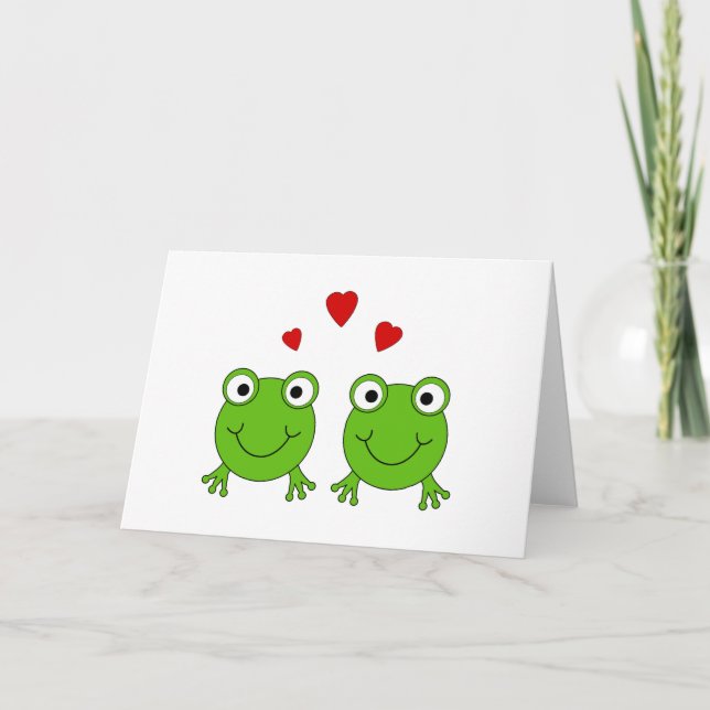 Carte Deux grenouilles vertes au coeur rouge. (Devant)