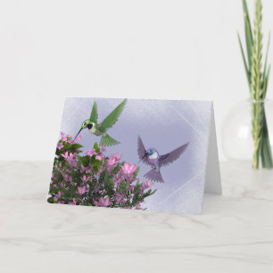 Carte Deux Hummingbirds & Pink Bush Blank Grey Card