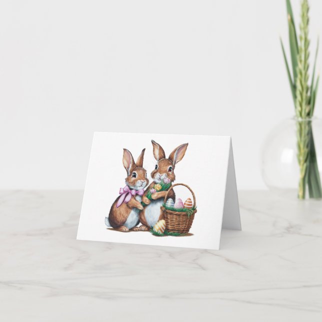 Carte Deux lapins lapins de Pâques avec panier et oeufs  (Devant)