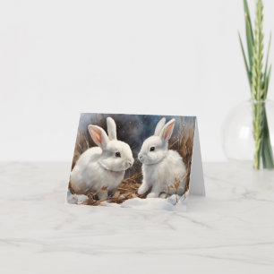 Carte Deux mignons lapins de lapin blanc en blanc neigeu