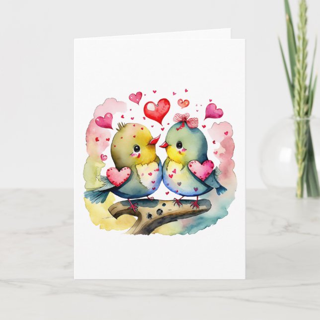 Carte Deux mignons oiseaux en amour BLANC (Devant)