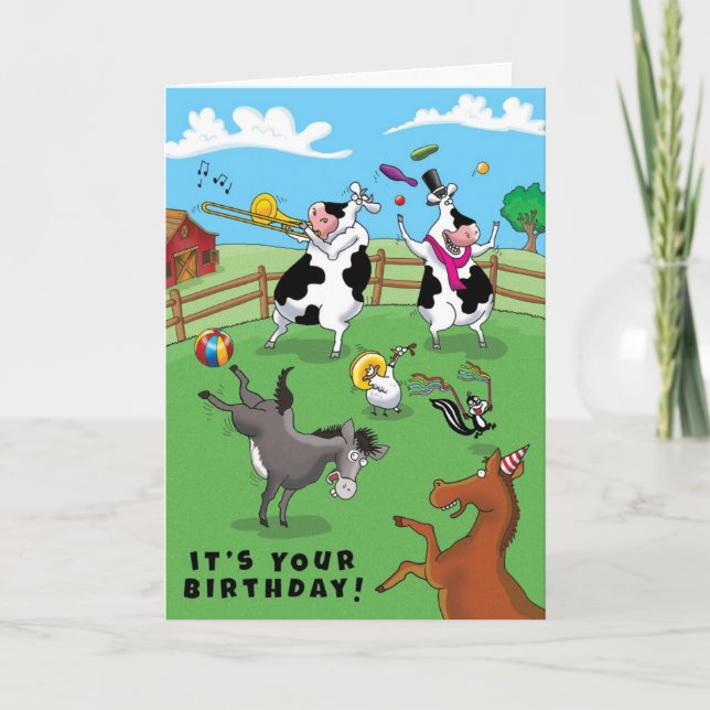 Carte Deux vaches et un poulet fête d'anniversaire (Devant)