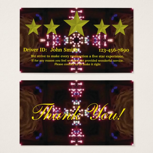 Carte d'évaluation 5 étoiles pour conducteur profe (Devant & derrière)