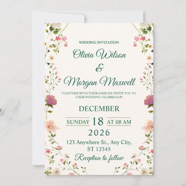 Carte d'événement à fleurs aquarelle avec texte pe (Devant)