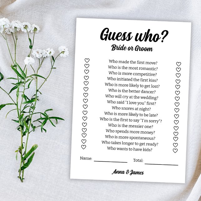 Carte Devinez Qui Marié Ou Groom Mariage Jeu (Guess Who Bride Or Groom Wedding Game Card)