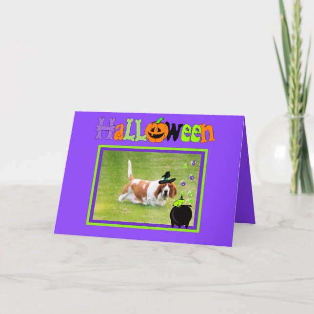Carte d'Halloween amusante avec Hound/Basset, Frog (Devant)