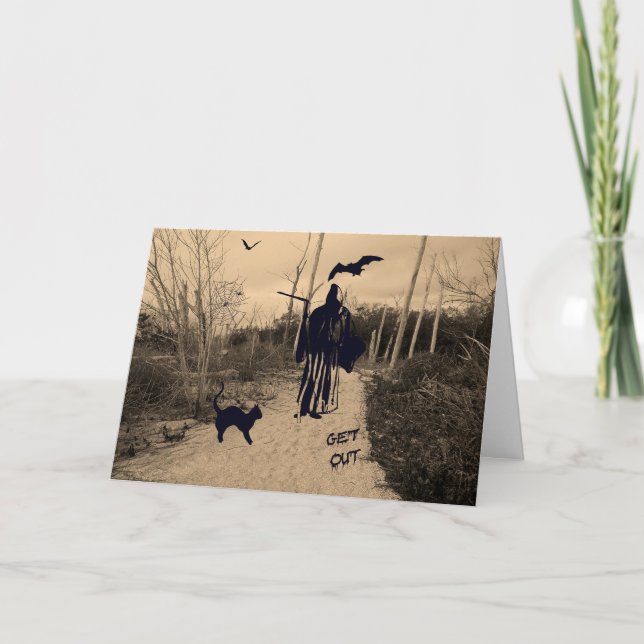 Carte d'Halloween avec faucheuse Grim à Sepia (Devant)