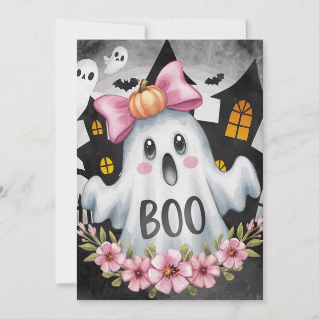Carte d'Halloween avec un fantôme A kawaii (Devant)