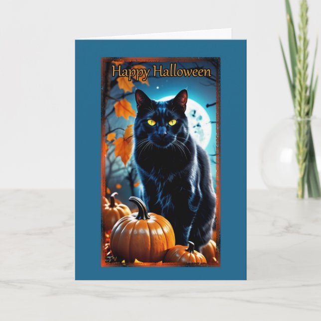 Carte d'Halloween de Pleine lune de chat noir (Devant)