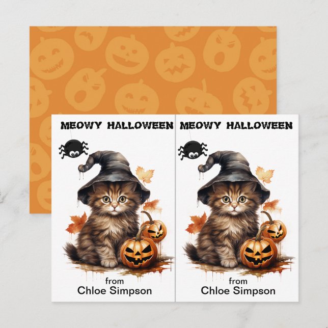Carte d'Halloween de sorcière Kitty Cat School (Devant / Derrière)