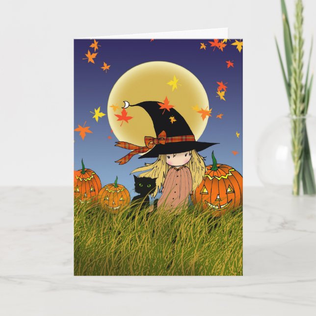 Carte d'Halloween Litle Witch et Black Cat (Devant)