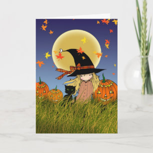 Carte d'Halloween Litle Witch et Black Cat