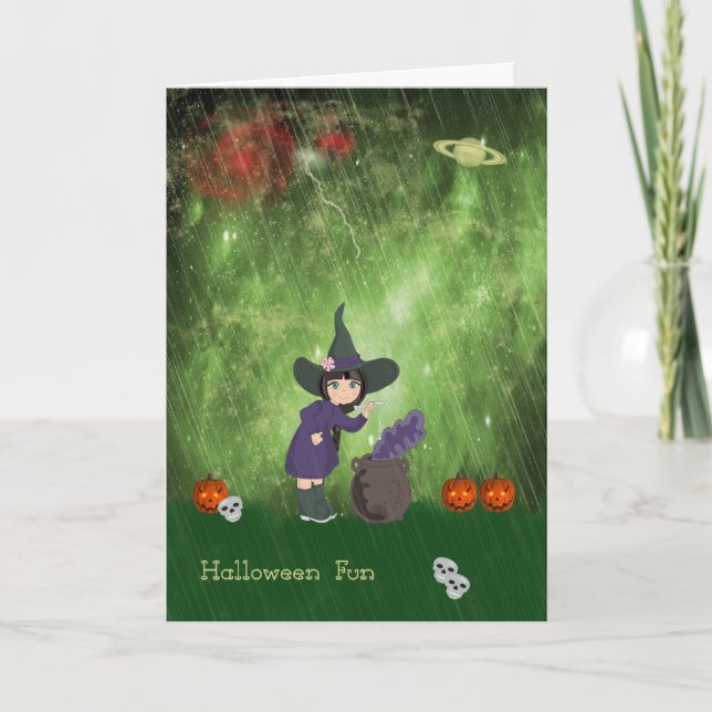 Carte d'Halloween pour enfants avec sorcière et br (Devant)