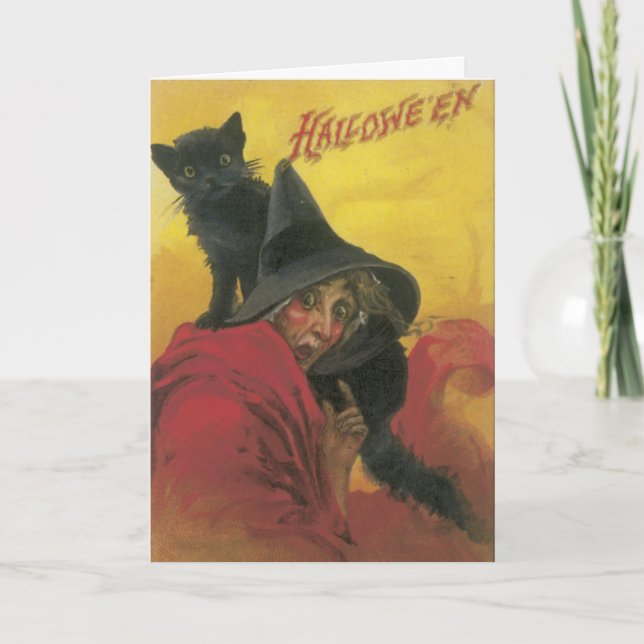Carte d'Halloween pour sorcière et chat noir (Devant)