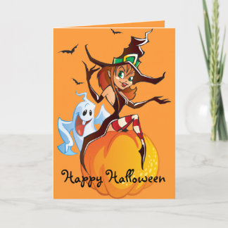 Carte d'Halloween sorcière et fantôme