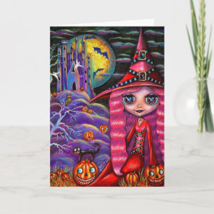 Carte d'Halloween sorcière rose