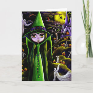 Carte d'Halloween sorcière verte