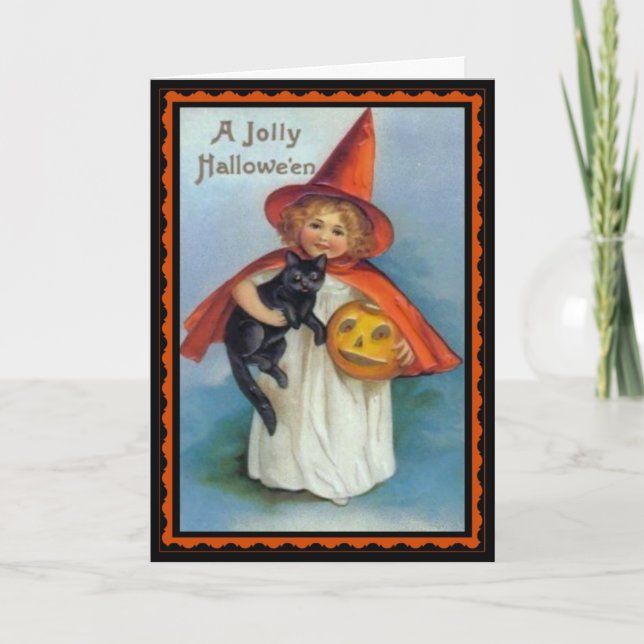 Carte d'Halloween Vintage Little Witch et Black Ca (Devant)