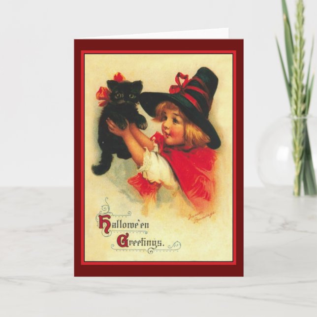 Carte d'Halloween Vintage Little Witch et Black Ca (Devant)